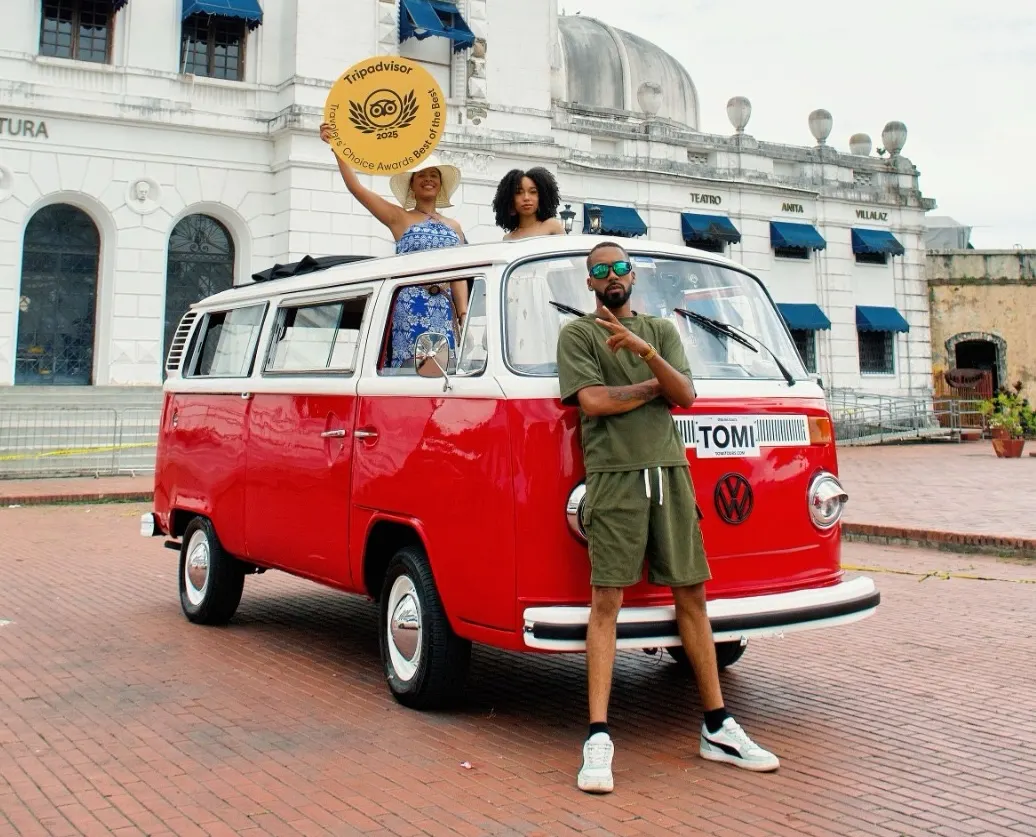 Open-top 1970s VW Kombi at the Panama Canal Miraflores Locks
