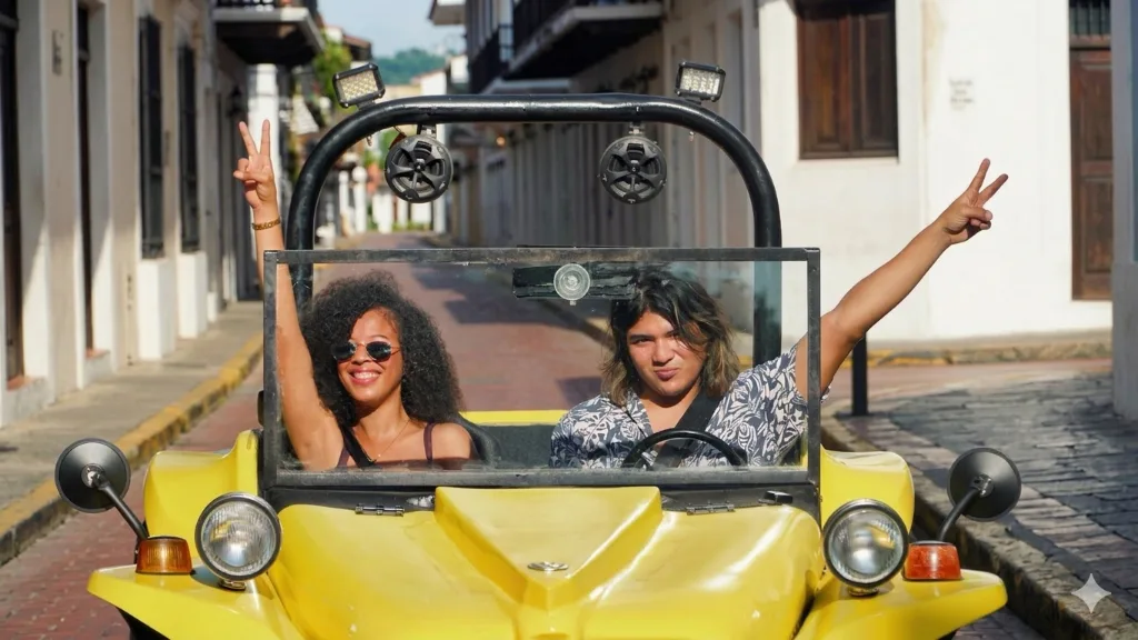 Bright yellow 1972 VW Dune Buggy on the streets of Panama City